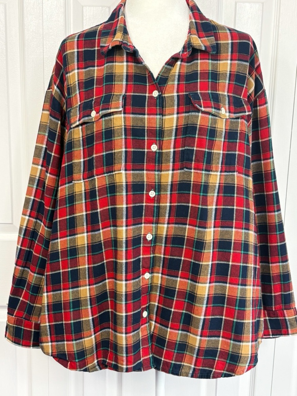 Old Navy Rustic Red & Brown Multi Plaid Check Flannel Boyfriend Shirt XXL